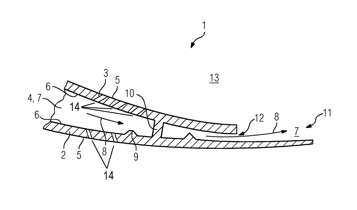 Cooled turbine guide vane or blade for a turbomachine