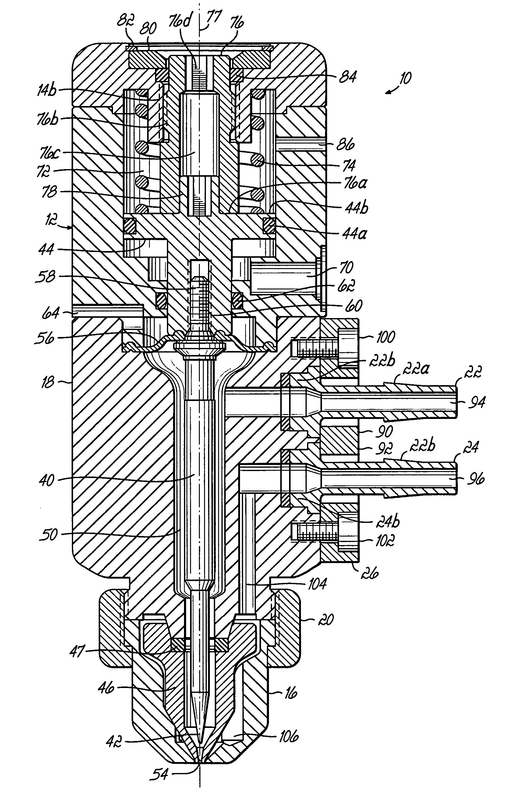 Liquid dispensing valve and method with improved stroke length calibration and fluid fittings