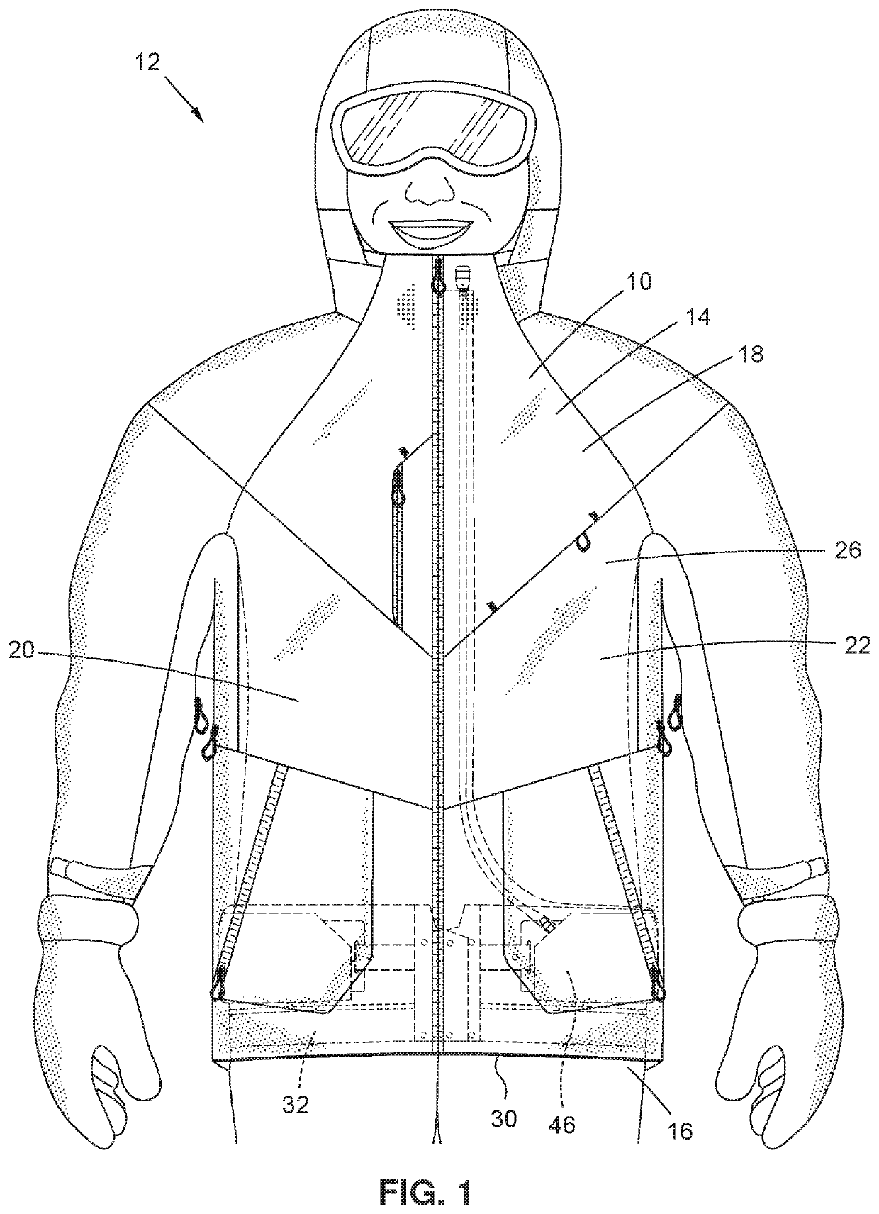 Apparel top with a snow gaiter having a liquid bladder