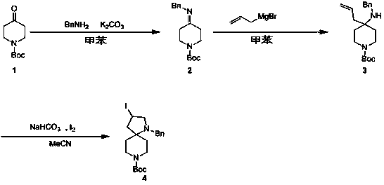 Preparation method of Boc-1-(benzyl)-3-iodo-[1,8]diazaspiro[4,5]heptane-8-carboxylate