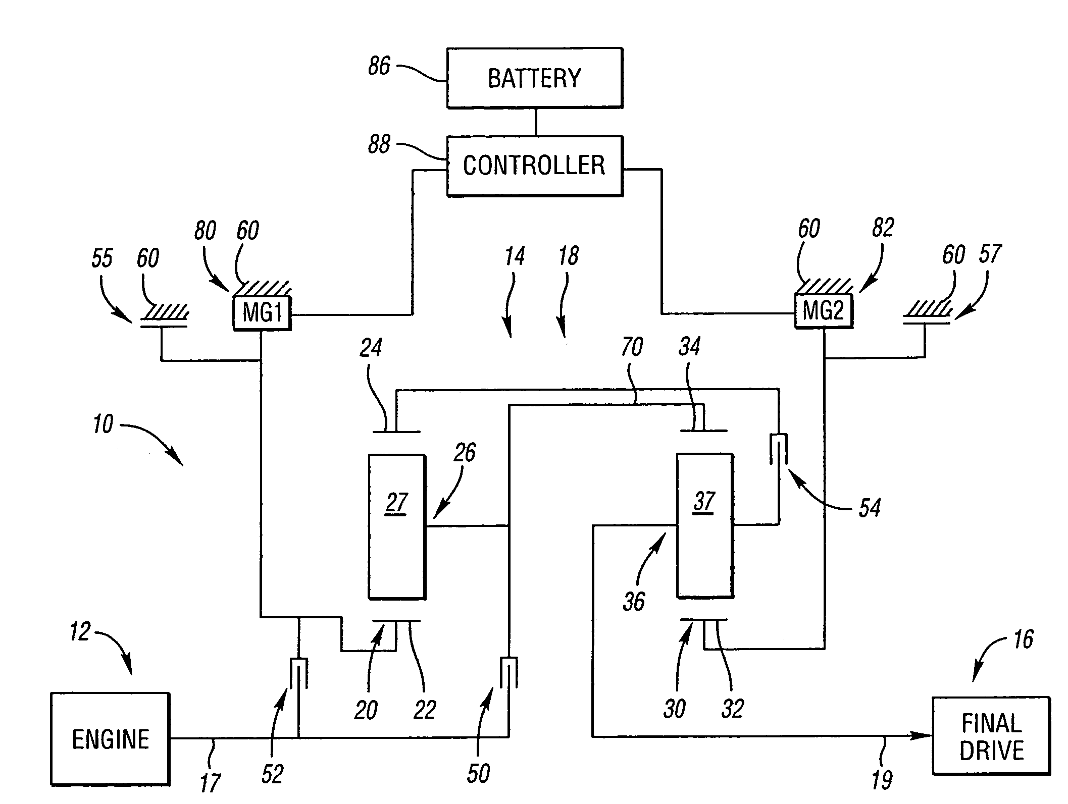 Electrically variable transmission having two planetary gear sets with one interconnecting member and clutched input