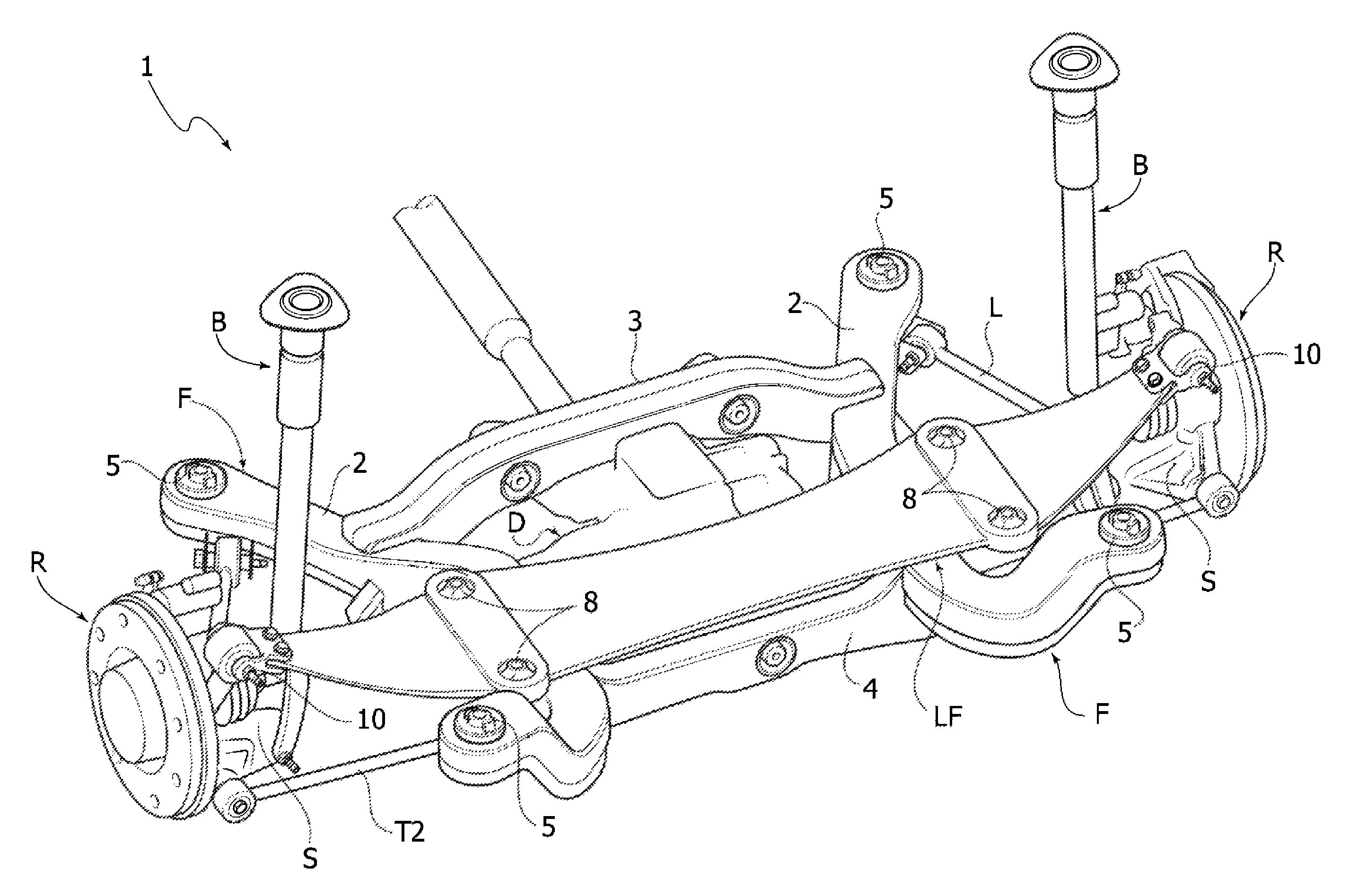 Motor vehicle multi-link suspension system including a transverse leaf spring