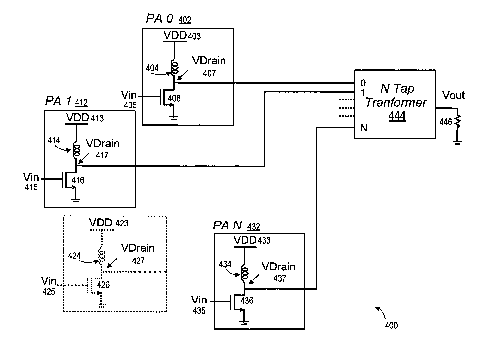Multilevel power amplifier architecture using multi-tap transformer