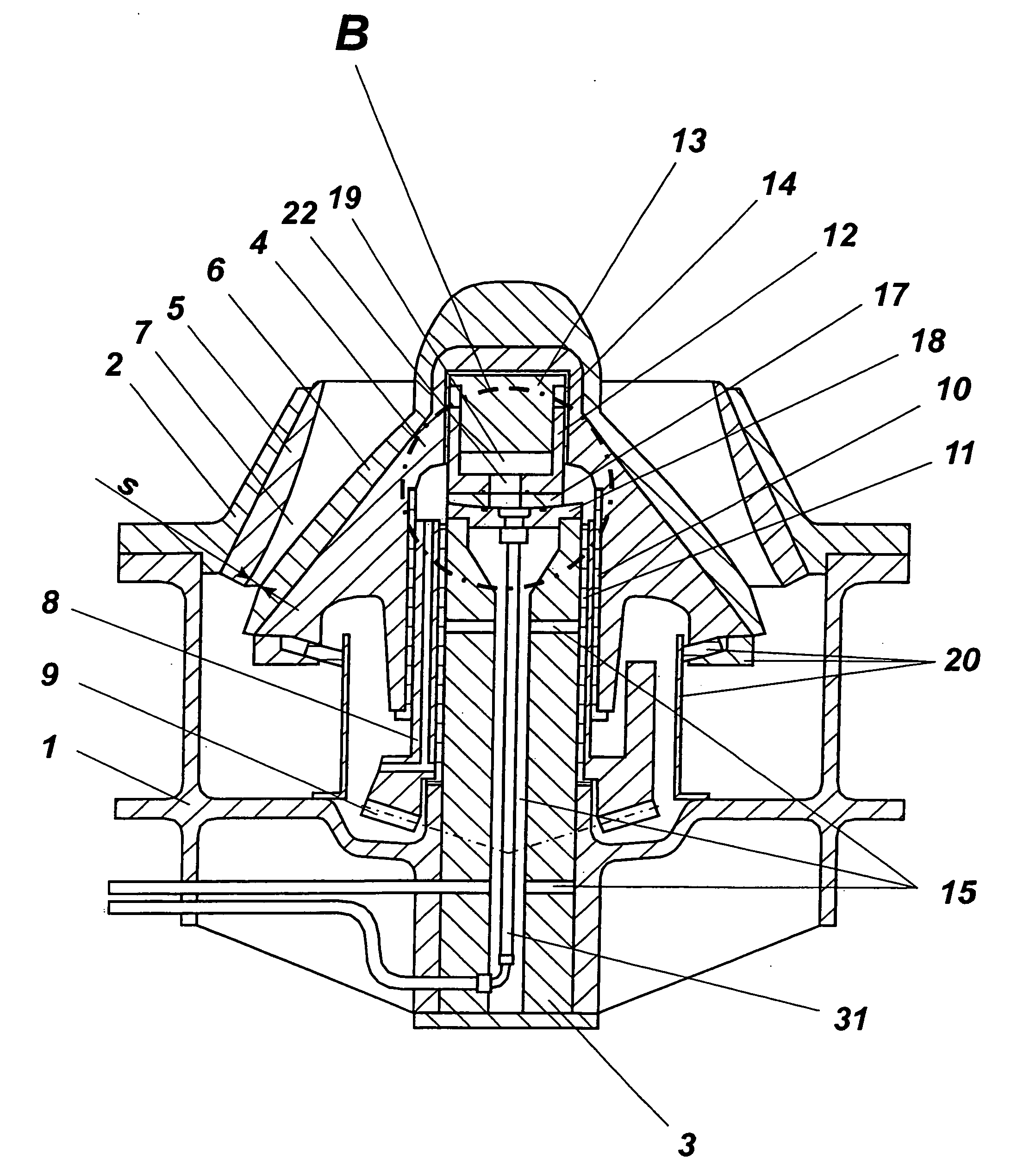 Hydraulically adjustable cone crusher and axial bearing assembly of a crusher
