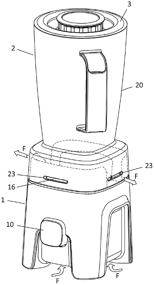 Household cooking appliance comprising a removable container which can be arranged on a housing by a simple translation movement