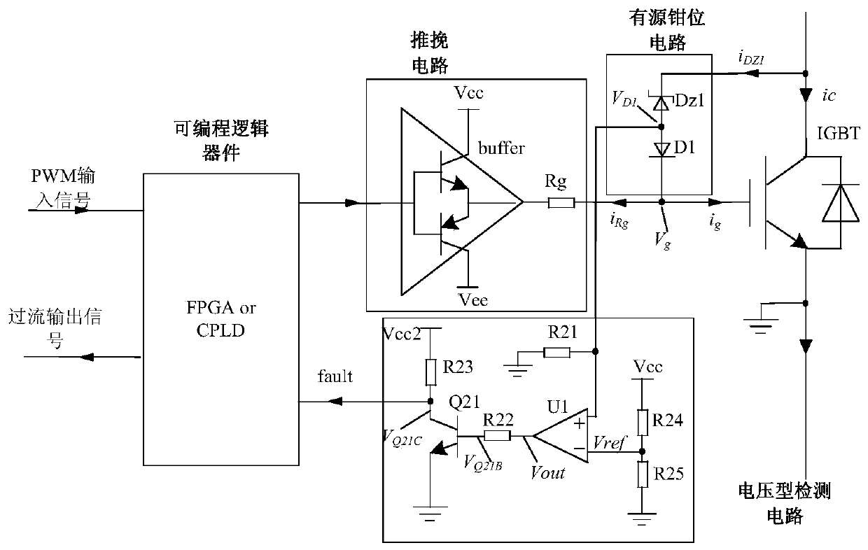 An IGBT overcurrent detection device and method based on an active clamp feedback type