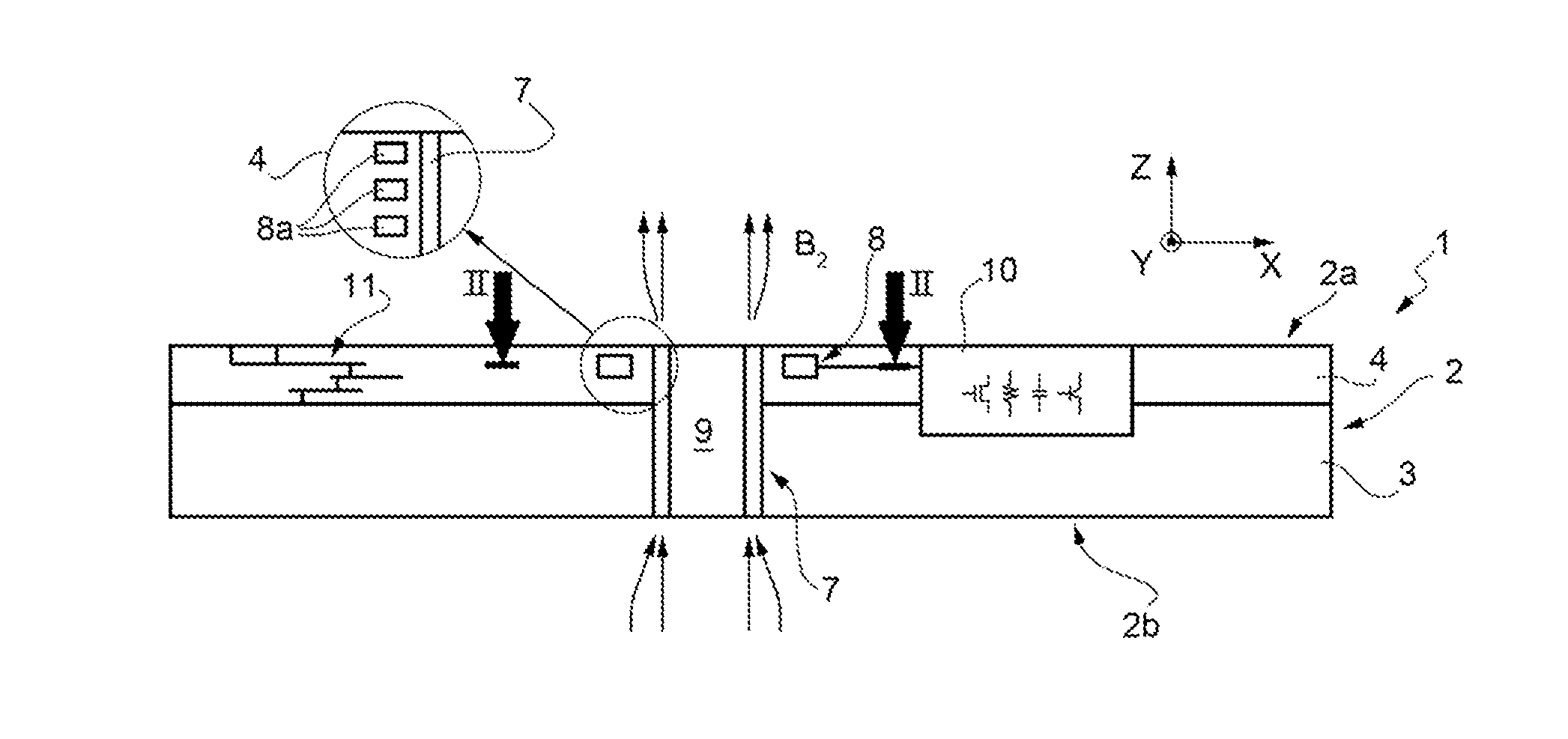 Magnetic sensor integrated in a chip for detecting magnetic fields perpendicular to the chip and manufacturing process thereof