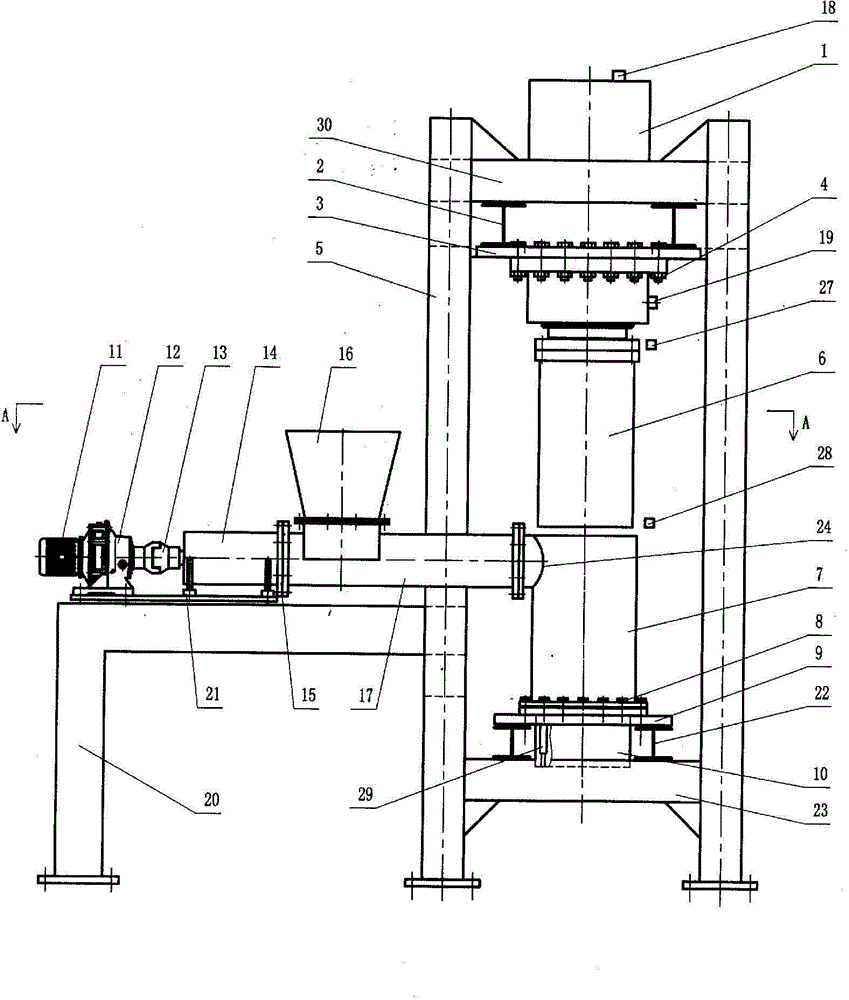 Vertical multi-cylinder or single-cylinder hydraulic briquette extruder with helical impeller feeding