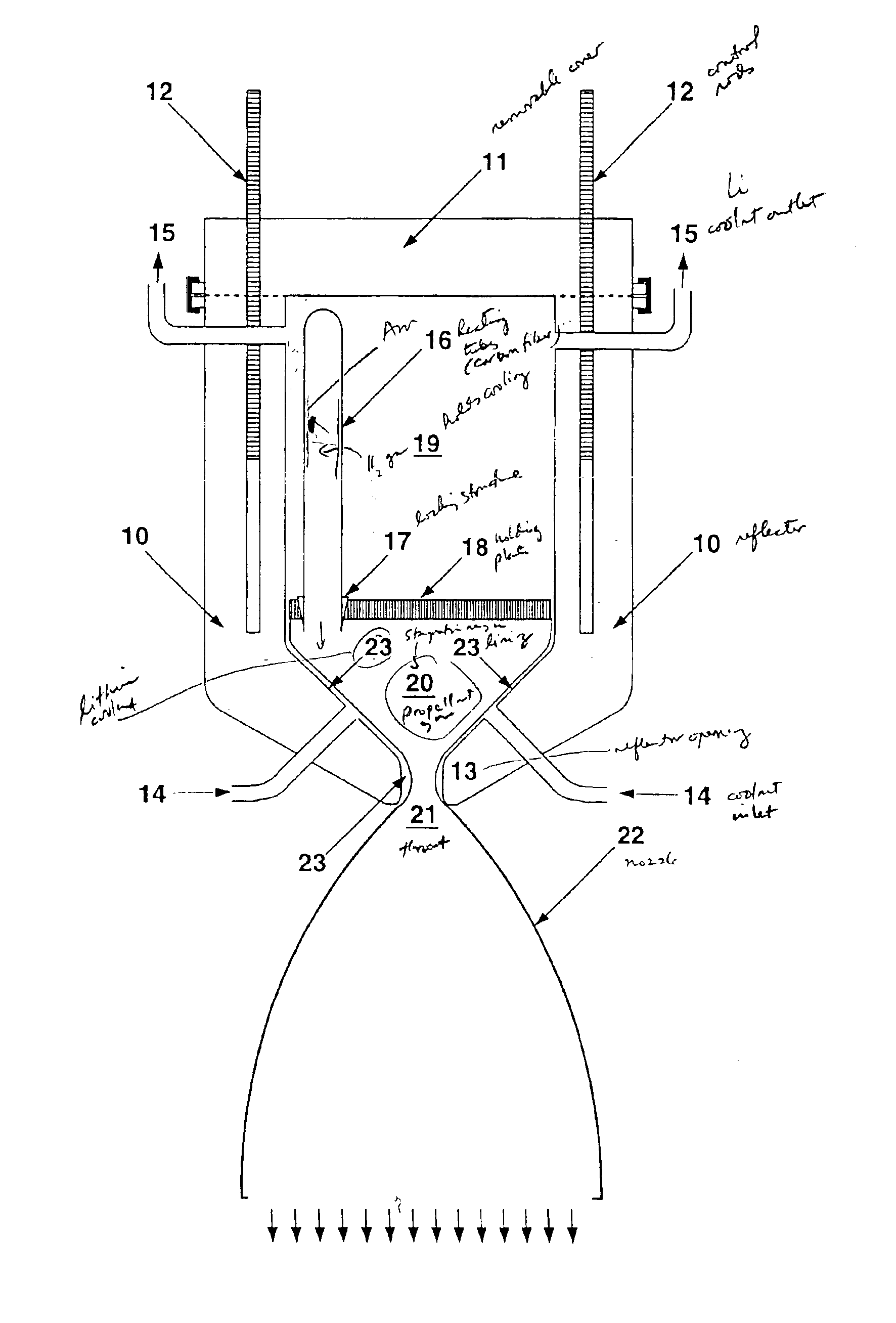 Device for heating gas from a thin layer of nuclear fuel, and space engine incorporating such device