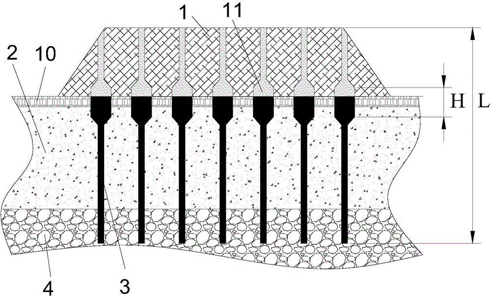 Nail-shaped bored pile compound foundation structure for reinforcing embankment soft foundation, and construction method thereof