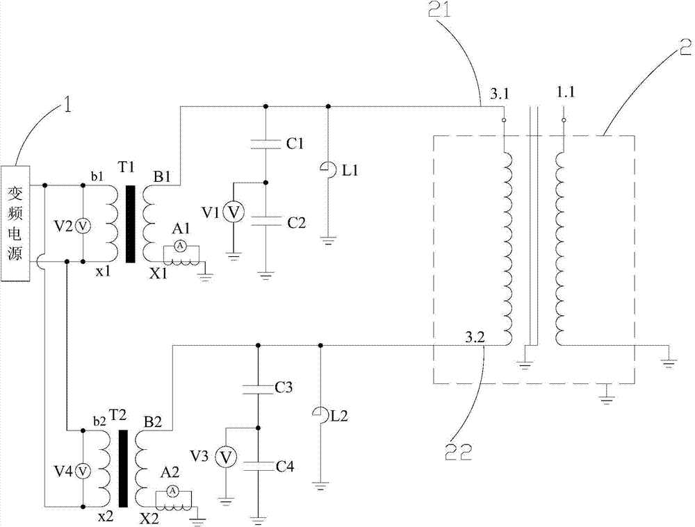 Converter transformer symmetrical pressurization partial discharge test circuit