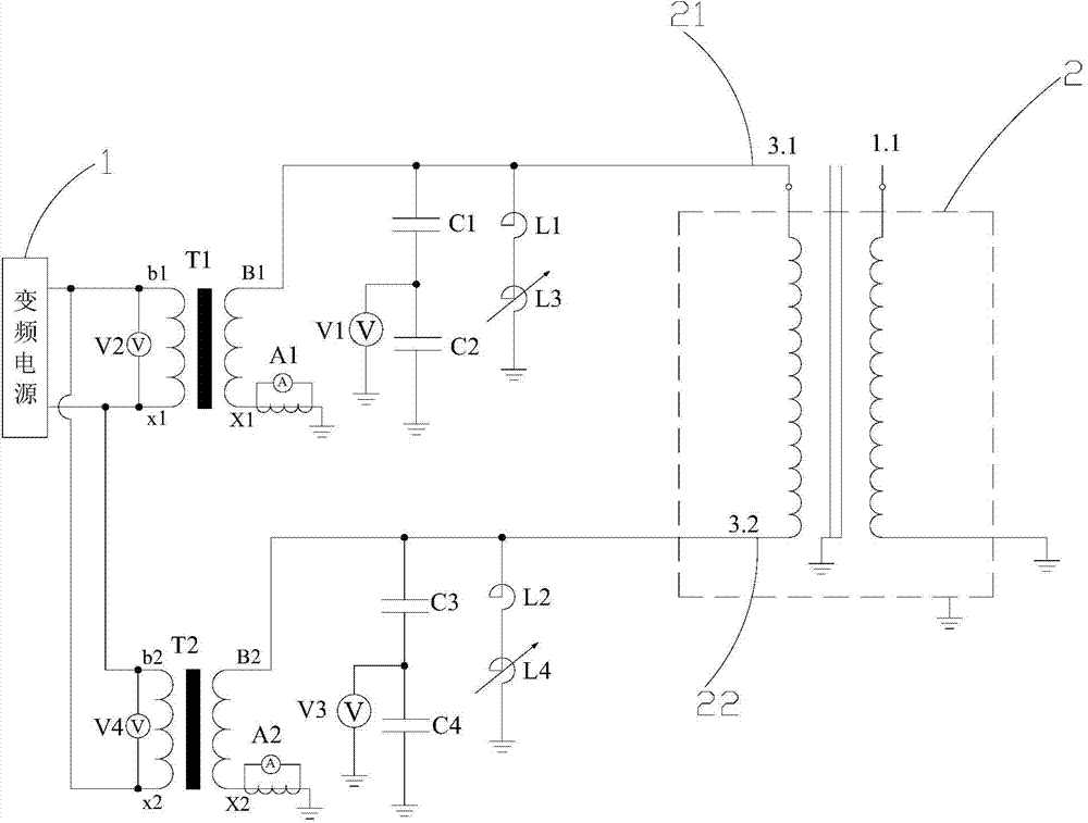 Converter transformer symmetrical pressurization partial discharge test circuit