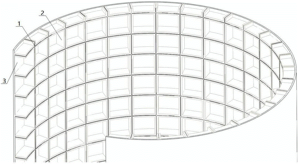 Attachment layer reinforced grid ribbed cylindrical shell structure