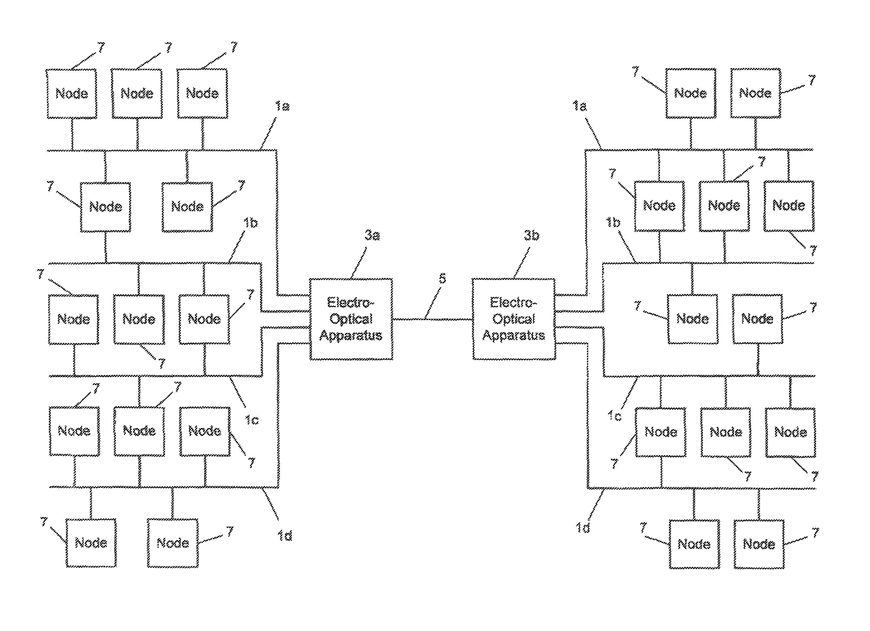 Data communications system including an optical fiber data link disposed between serial bidirectional electrical data busses