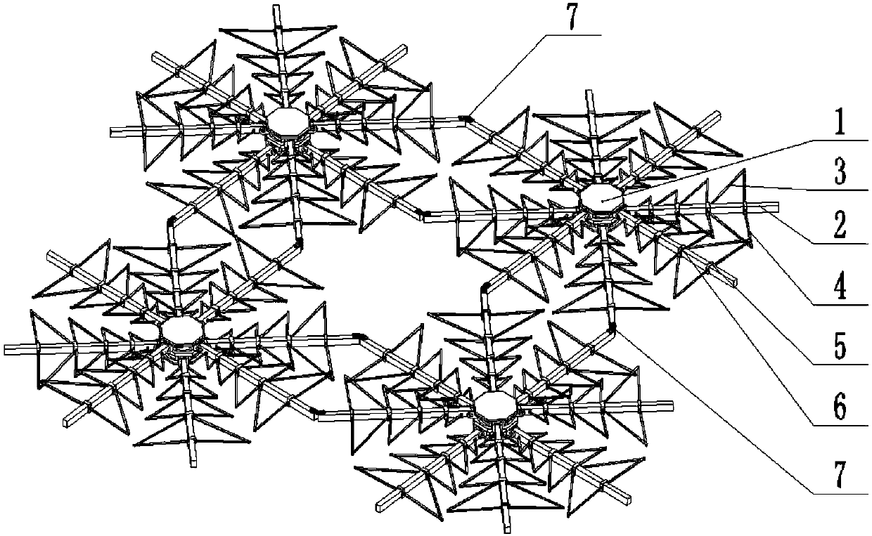 Variable topology folding and unfolding mechanism with cranks and sliders connected through flexible hinges of folding and unfolding units