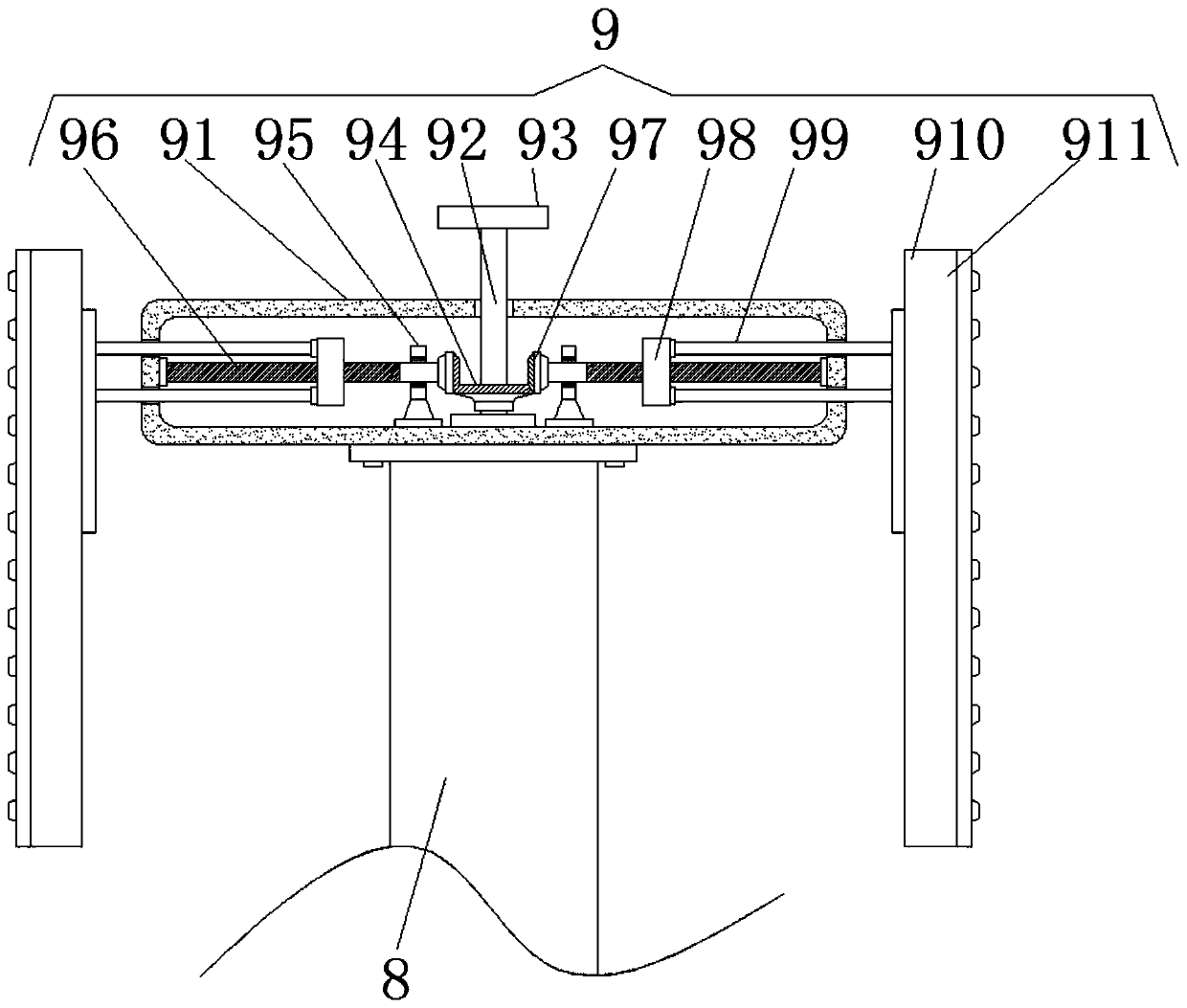 A cleaning device for processing the outer wall of a vertical motor casing