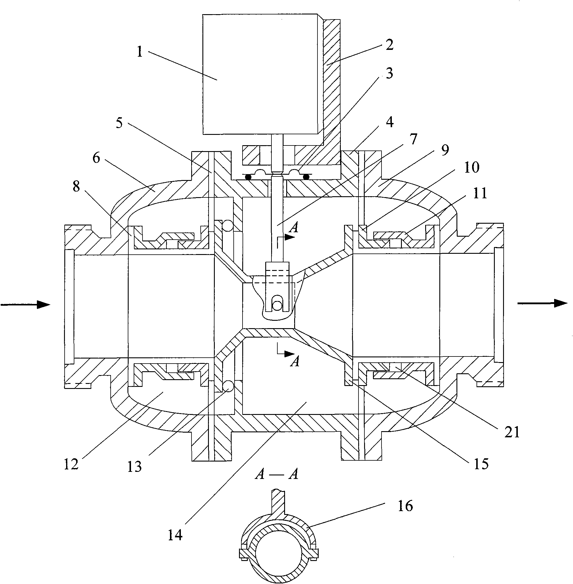 Movable throttling element flowmeter with through hole at middle part