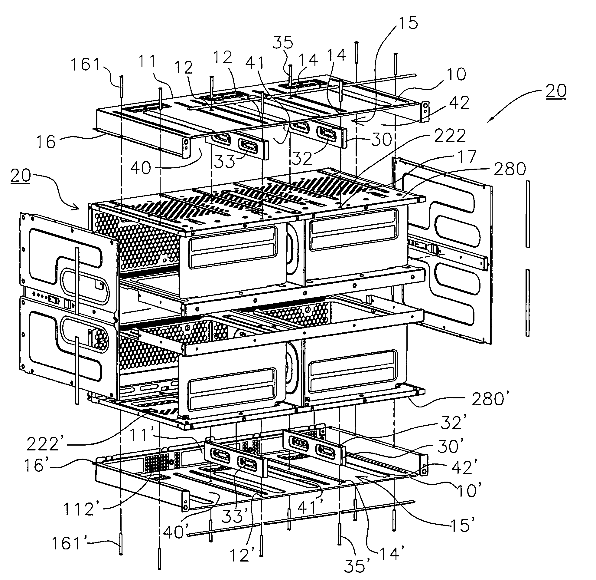 Partitioning device for holding slots of a host computer case