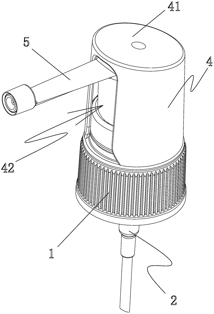 Spray pump device with extended nozzle