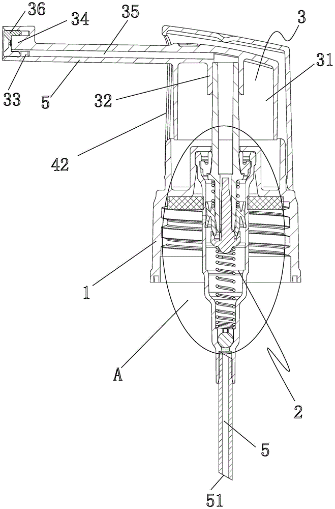 Spray pump device with extended nozzle