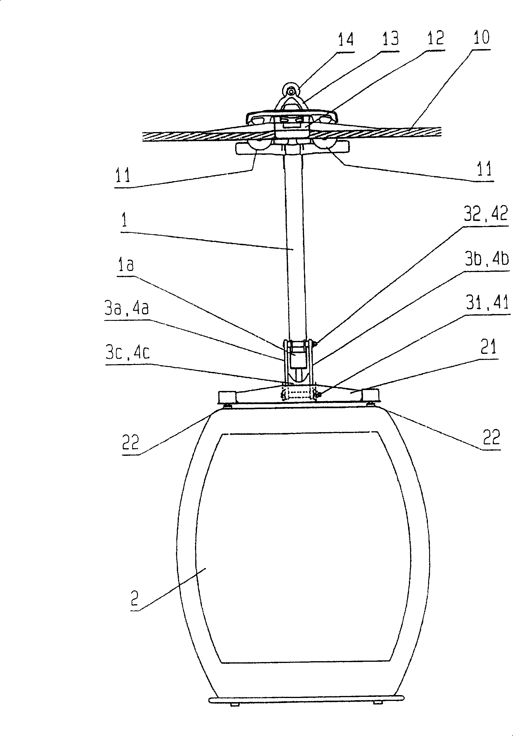 Assembly for fastening a transportation device of a cablewaysystem on a suspension bar