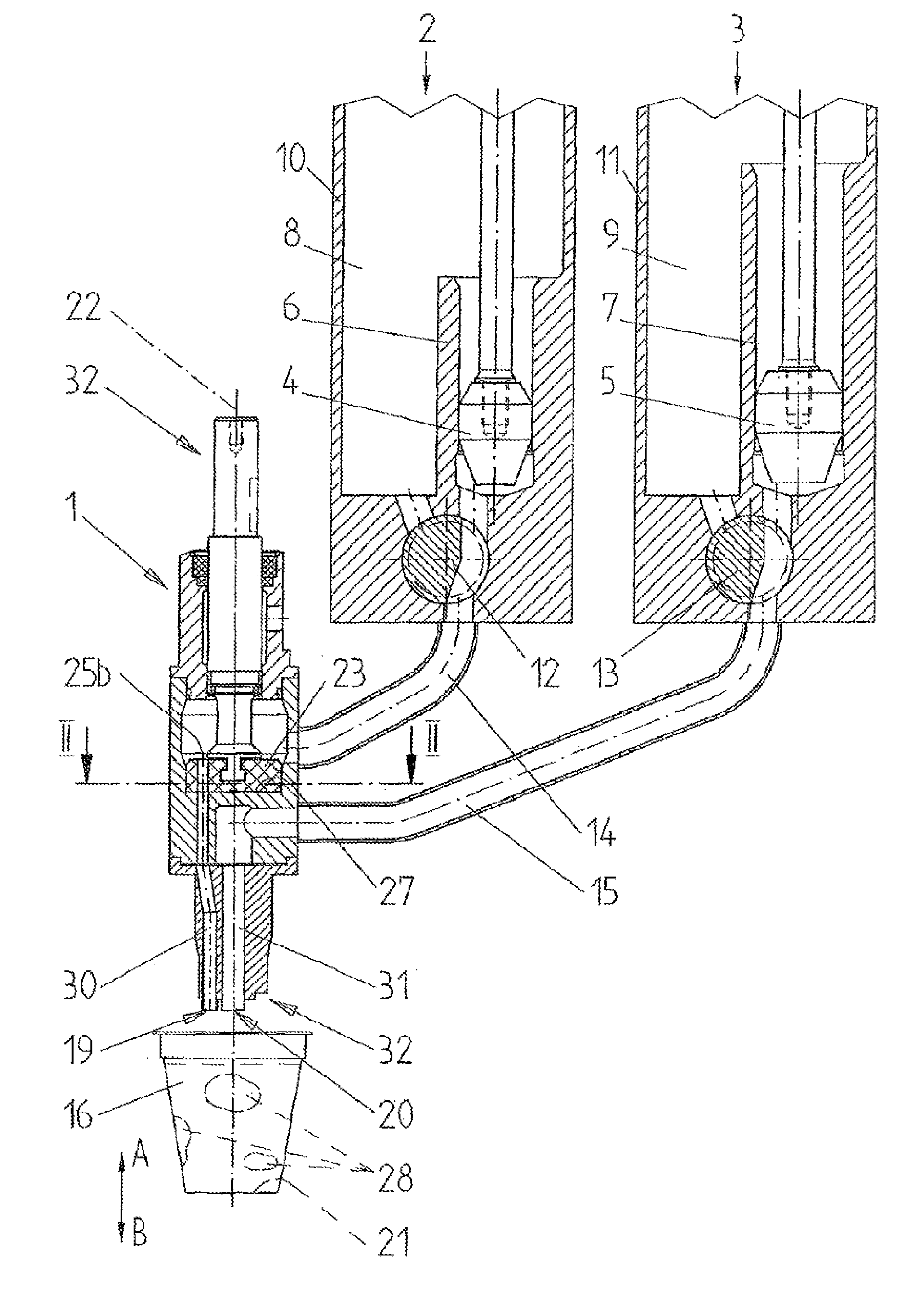 Device for simultaneously filling at least two foods of different compositions into one container