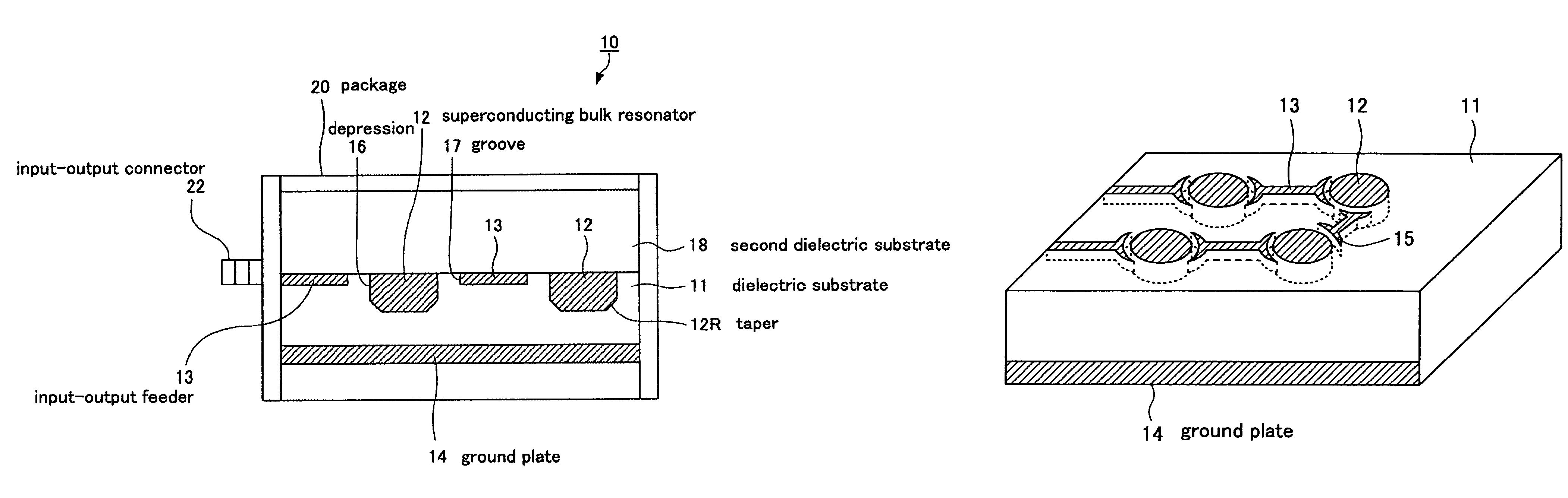 Superconducting filter device having disk resonators embedded in depressions of a substrate and method of producing the same
