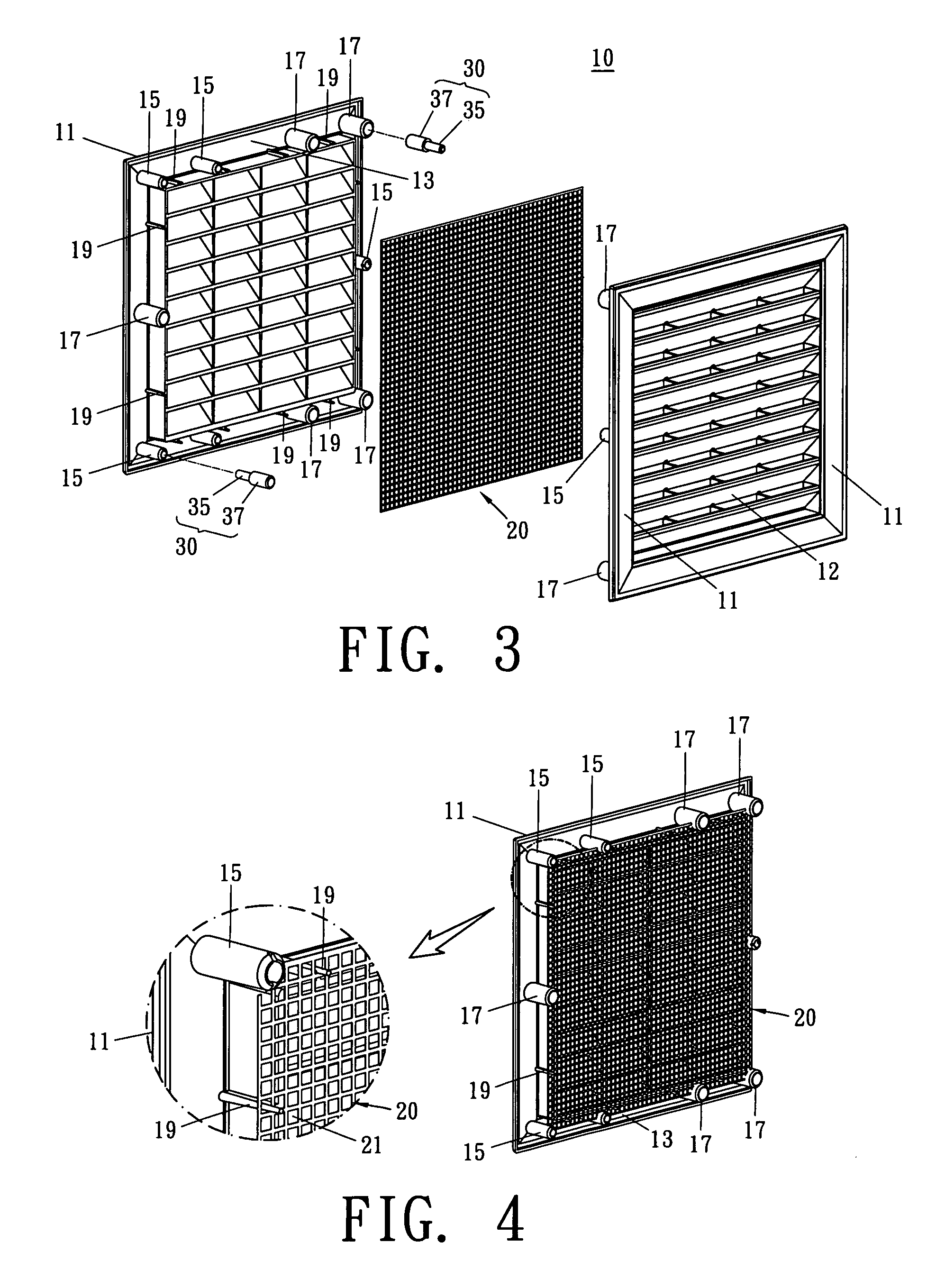 Two part grille with interlocking connections for assembly in doors or the like