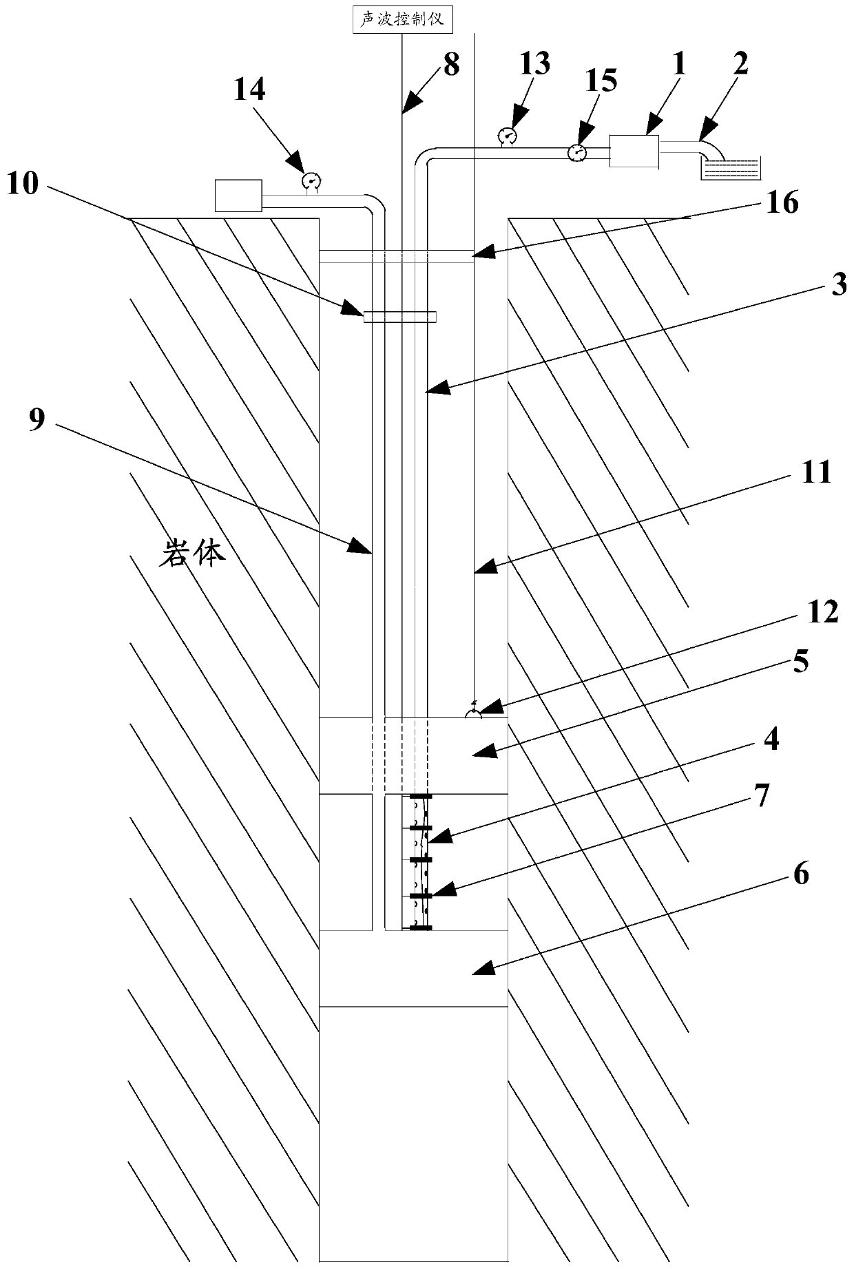 Water-free drilling sound wave detection and water pressure test integrated device