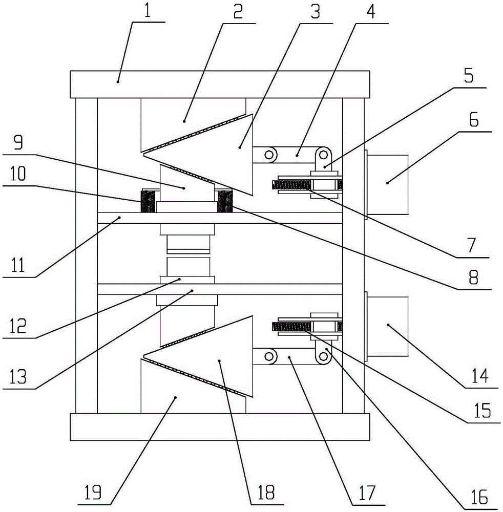 Wedge block bidirectional force increasing type flying shear machine