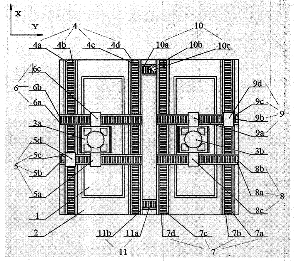 Double-rail double-drive-based three-beat double-workpiece bench exchange apparatus and method thereof