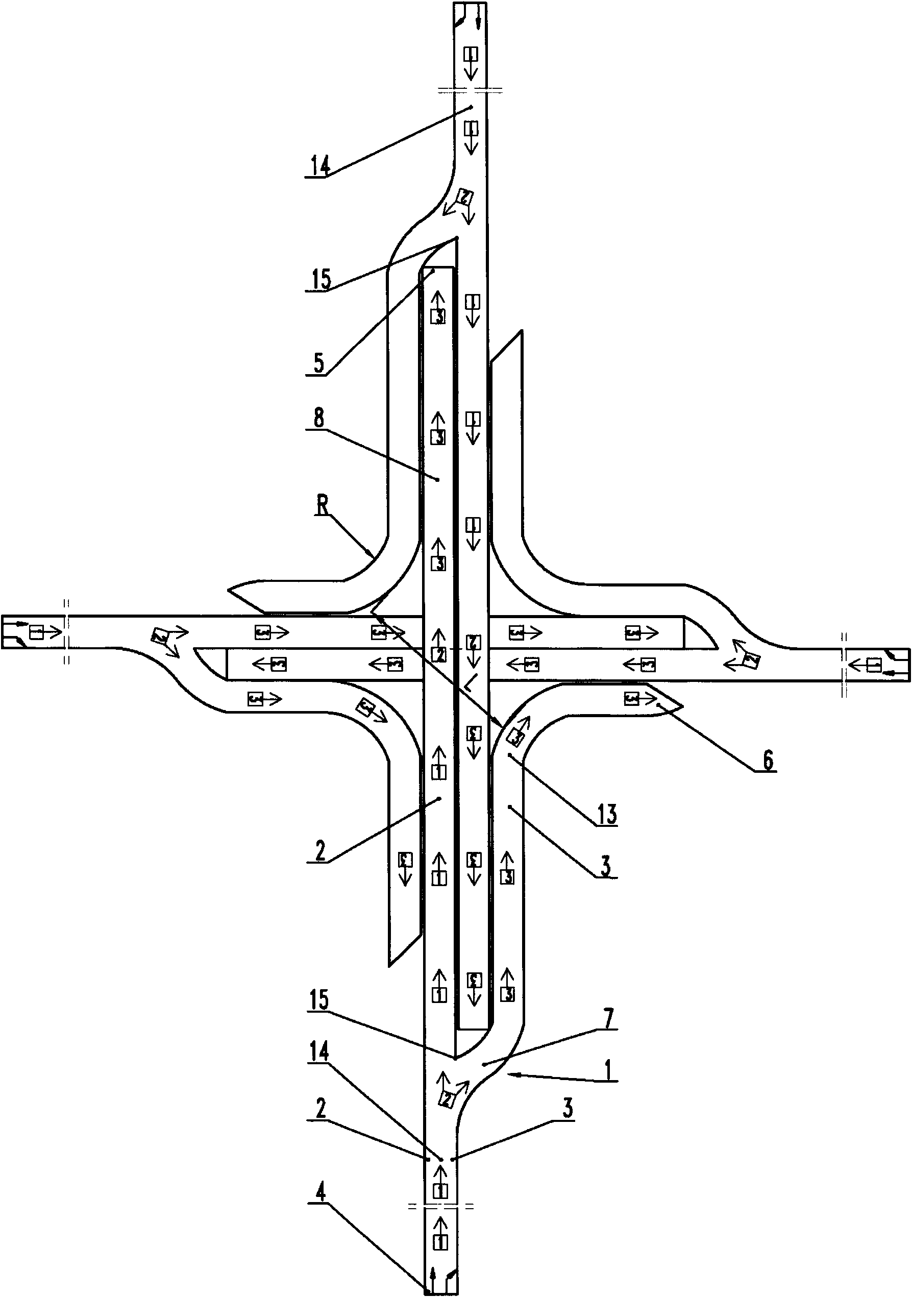 A combined bridge of four independent "y"-shaped bifurcated bridges that turn right and go straight