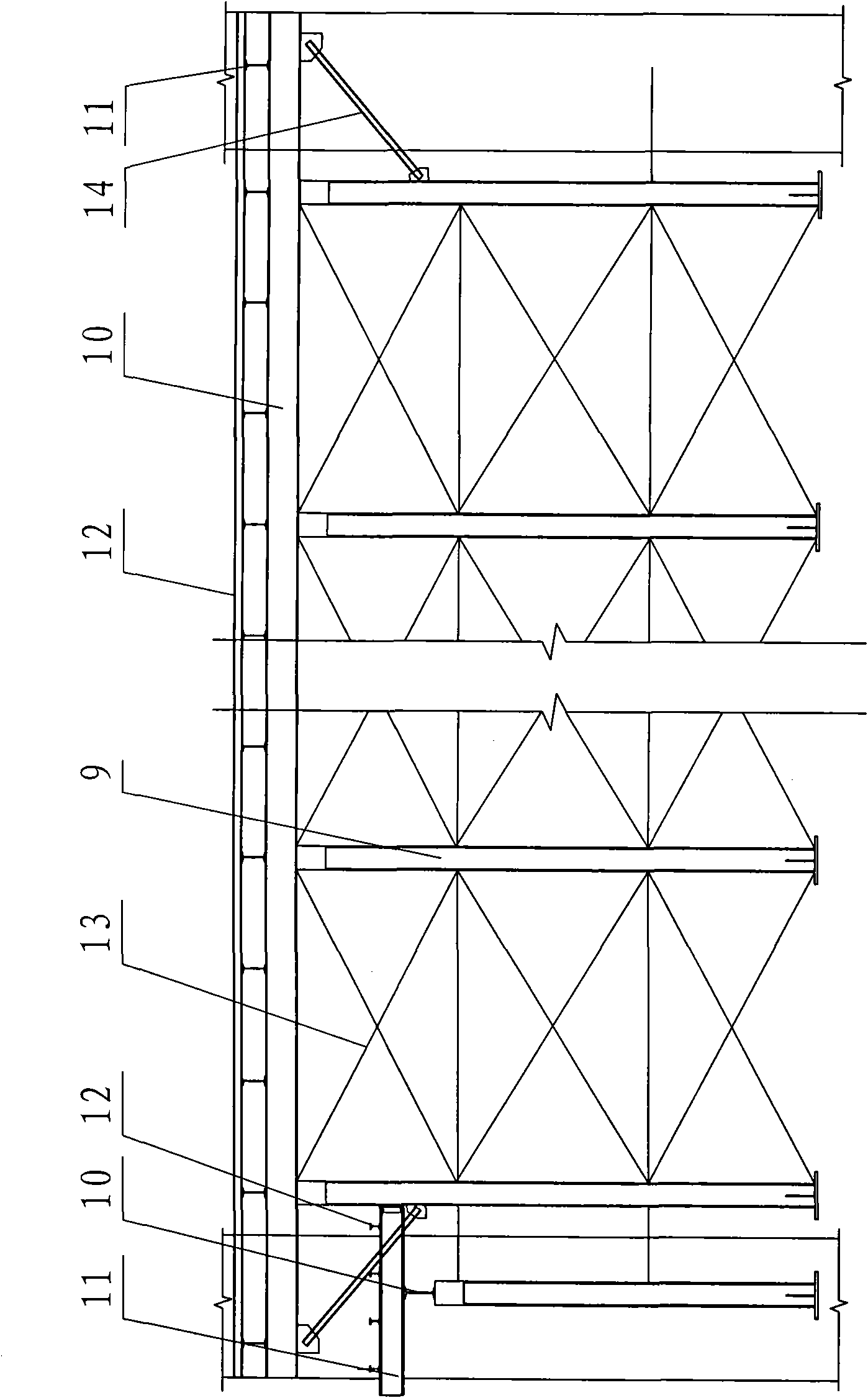 Construction method for support structure of coal tower template for tamping type coke oven
