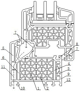 Plastic door and window frame sectional bar with triangular cavities and adopted composite material