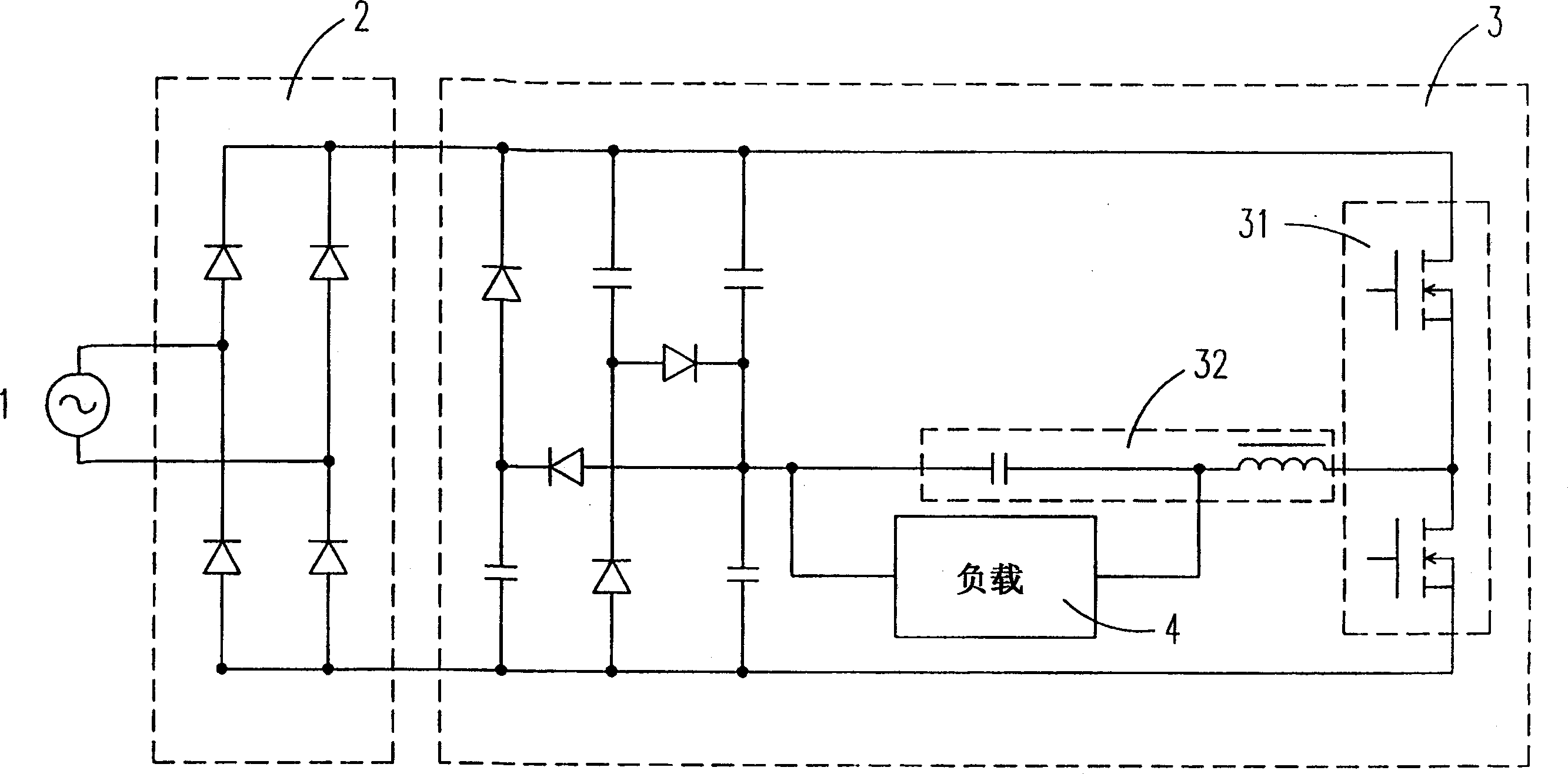 Electronic ballast circuit with function of correcting power factor and load current amplitude factor
