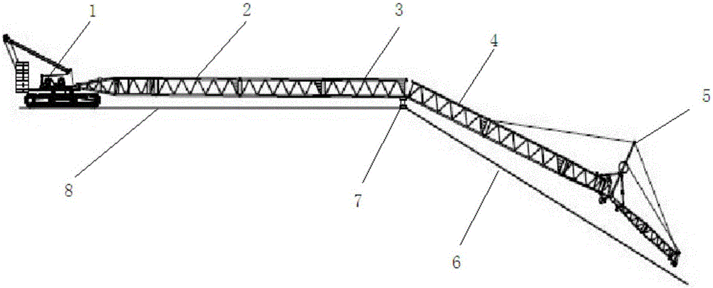 Construction method for assemble cargo boom of crawling crane through breaking-off method