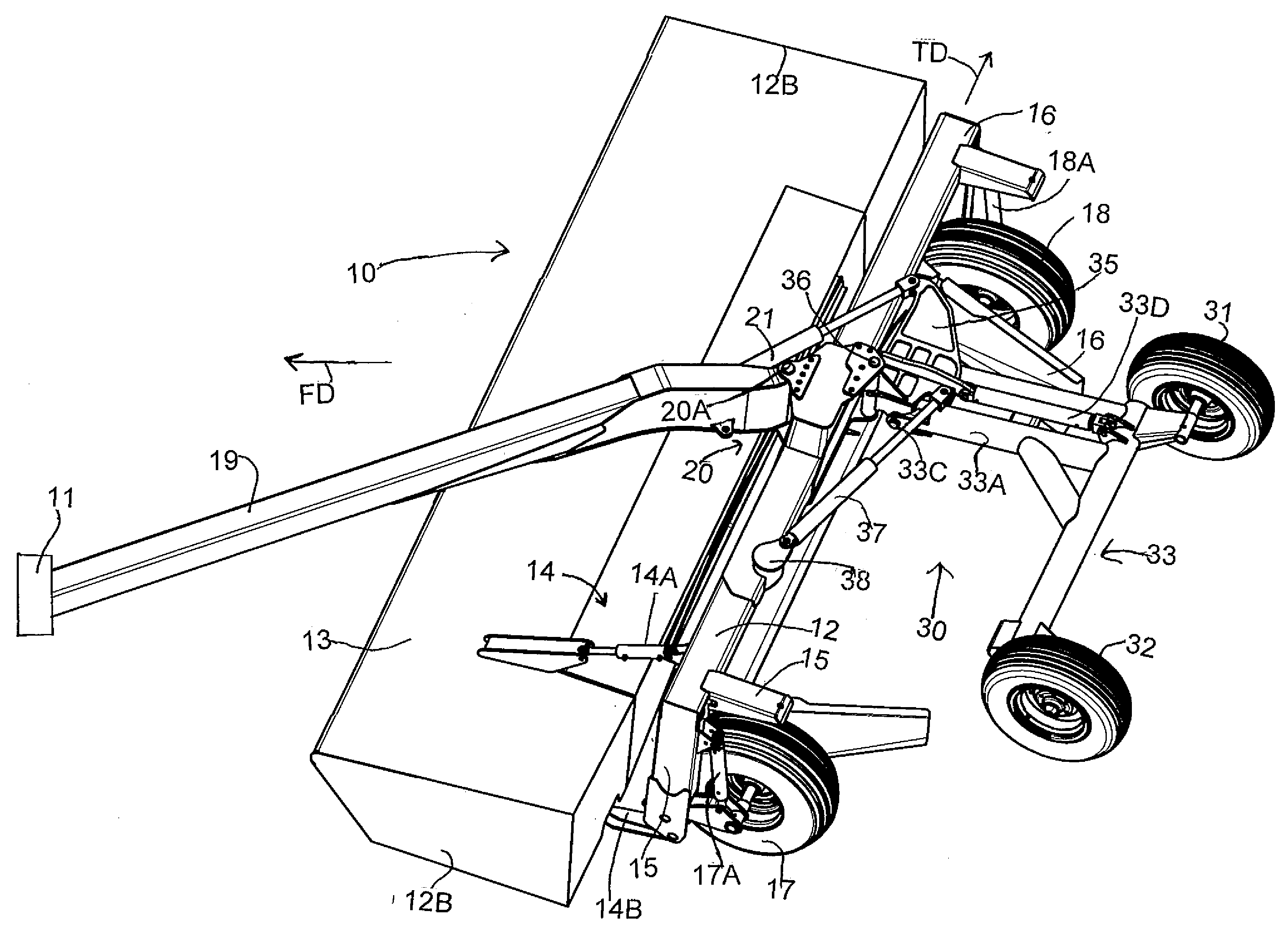 Pull-type crop harvesting machine transport system actuated at a predetermined angle of the hitch
