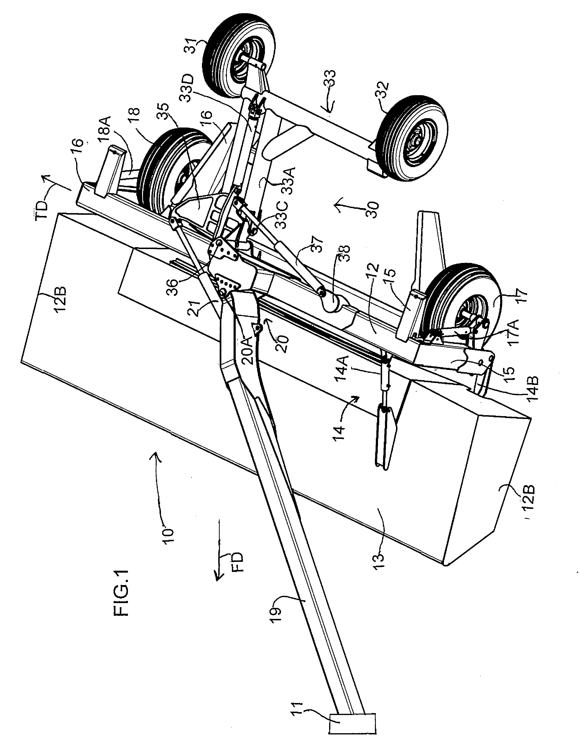 Pull-type crop harvesting machine transport system actuated at a predetermined angle of the hitch