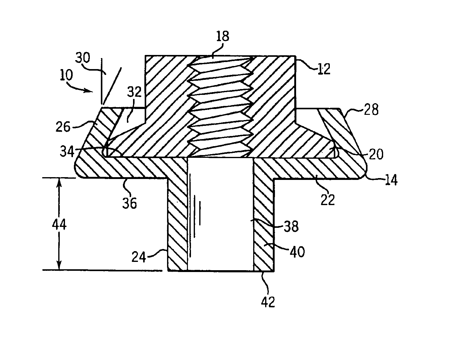 Internally threaded fastener and stemmed washer assembly and method for making same
