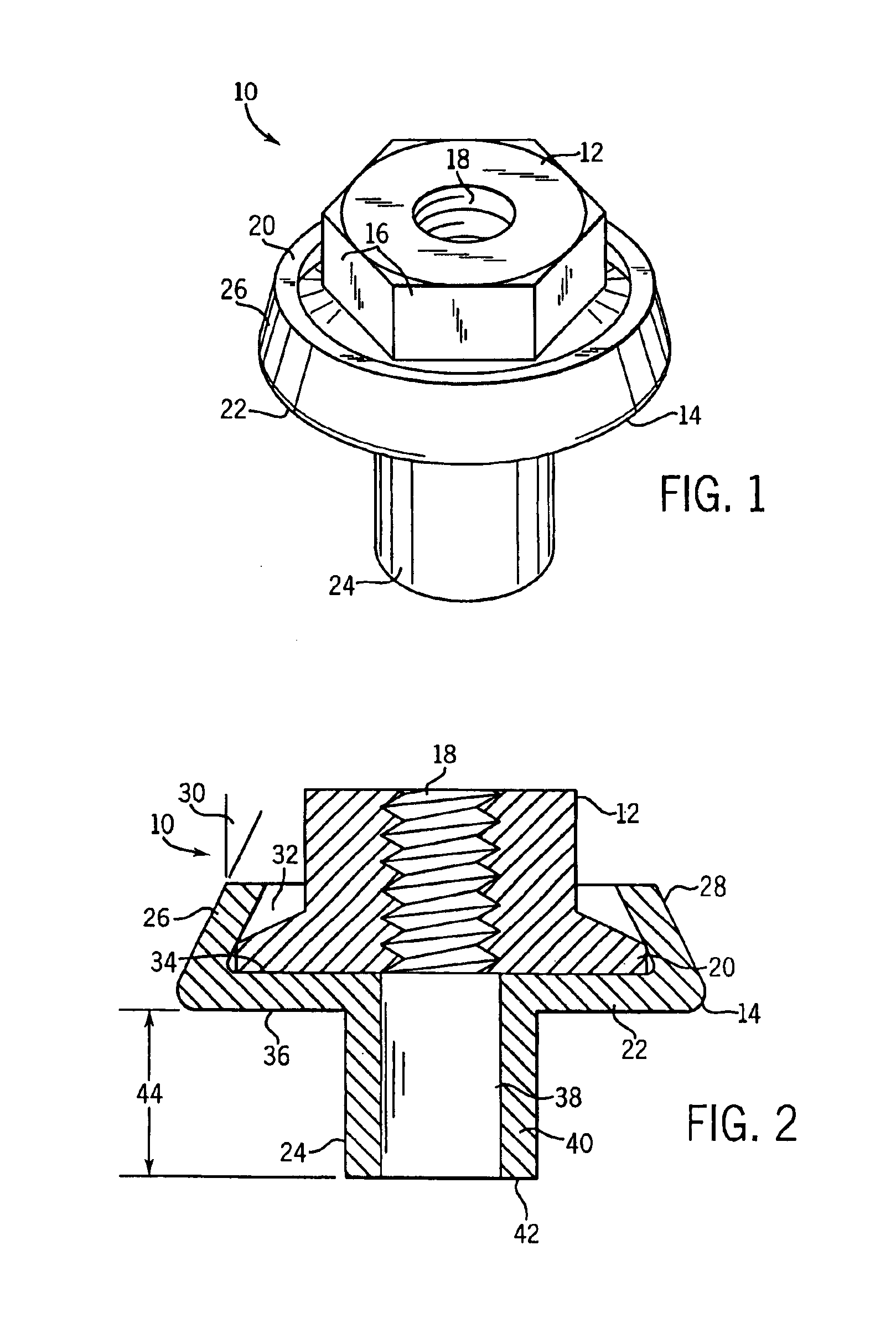 Internally threaded fastener and stemmed washer assembly and method for making same