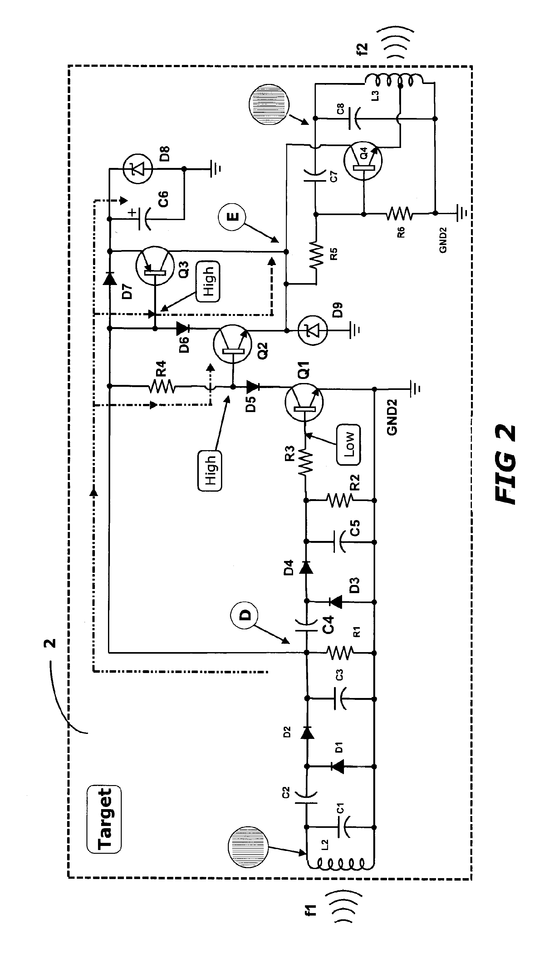 Wireless proximity switch with a target device comprising an inverter