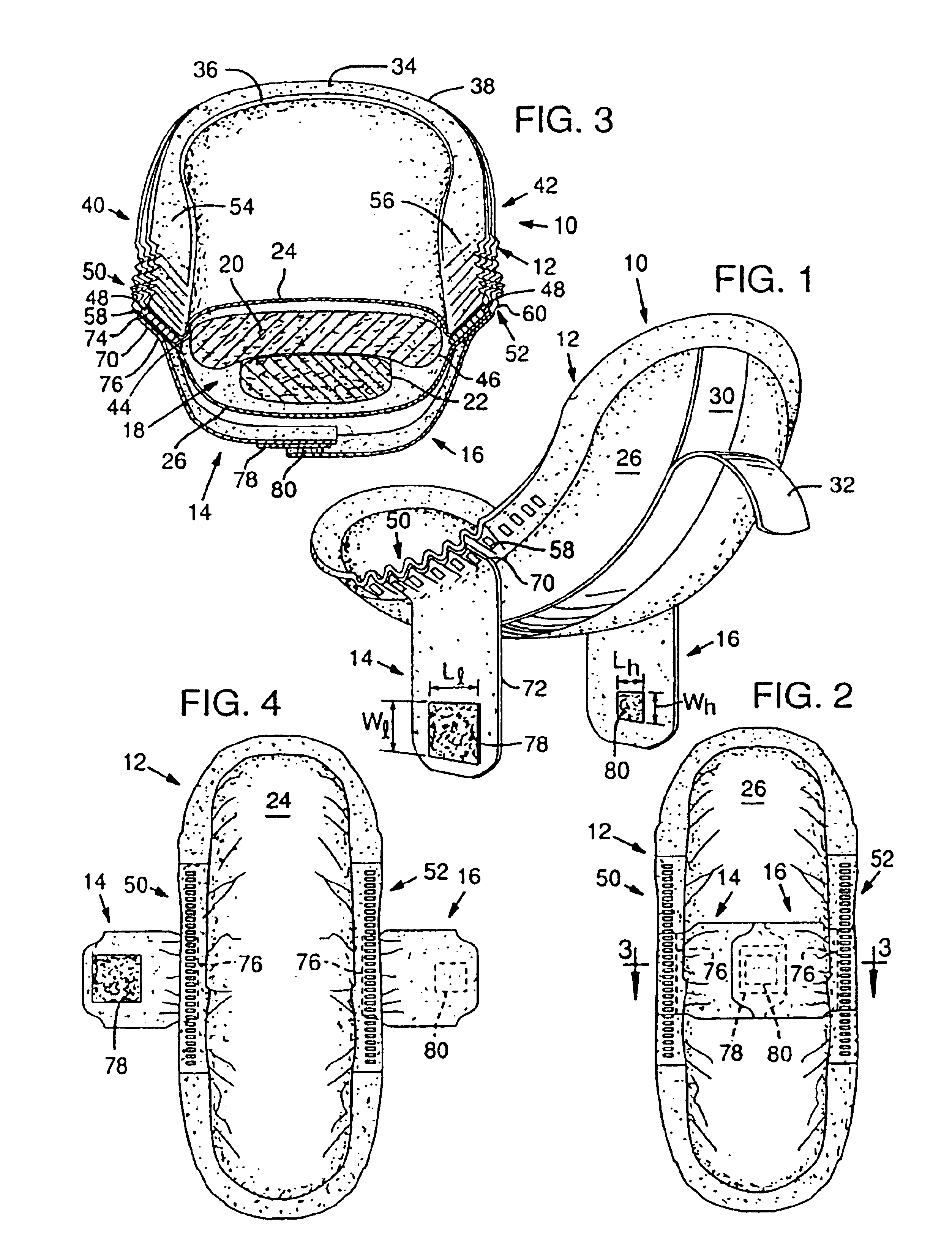 Curved sanitary napkin with garment attachment panels