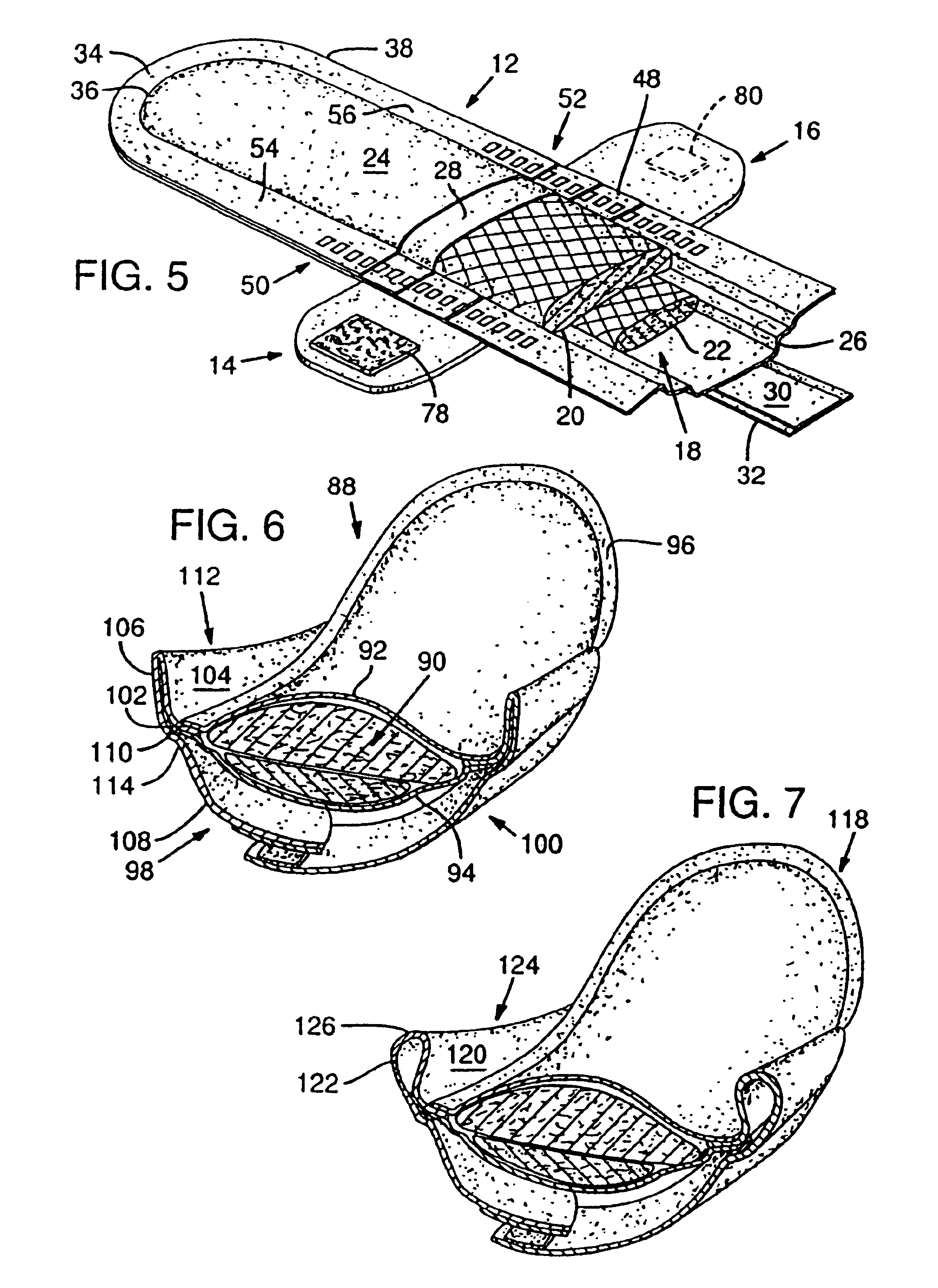 Curved sanitary napkin with garment attachment panels