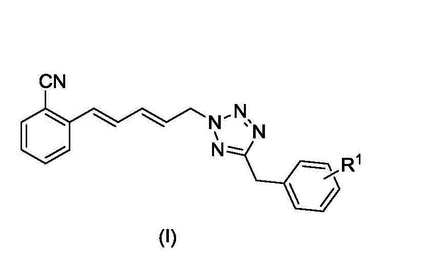 Nitrile-grouping benzene diene tetrazole compound and preparation method and application thereof
