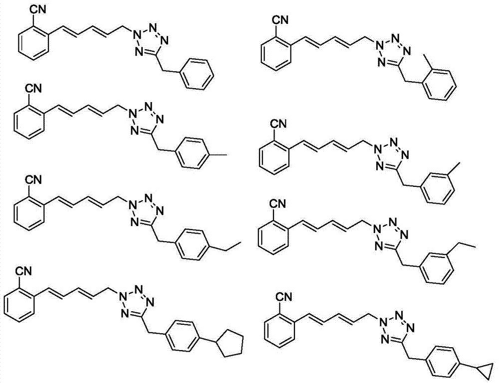 Nitrile-grouping benzene diene tetrazole compound and preparation method and application thereof