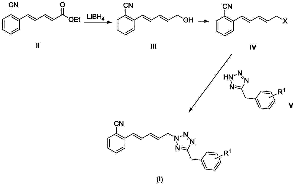 Nitrile-grouping benzene diene tetrazole compound and preparation method and application thereof