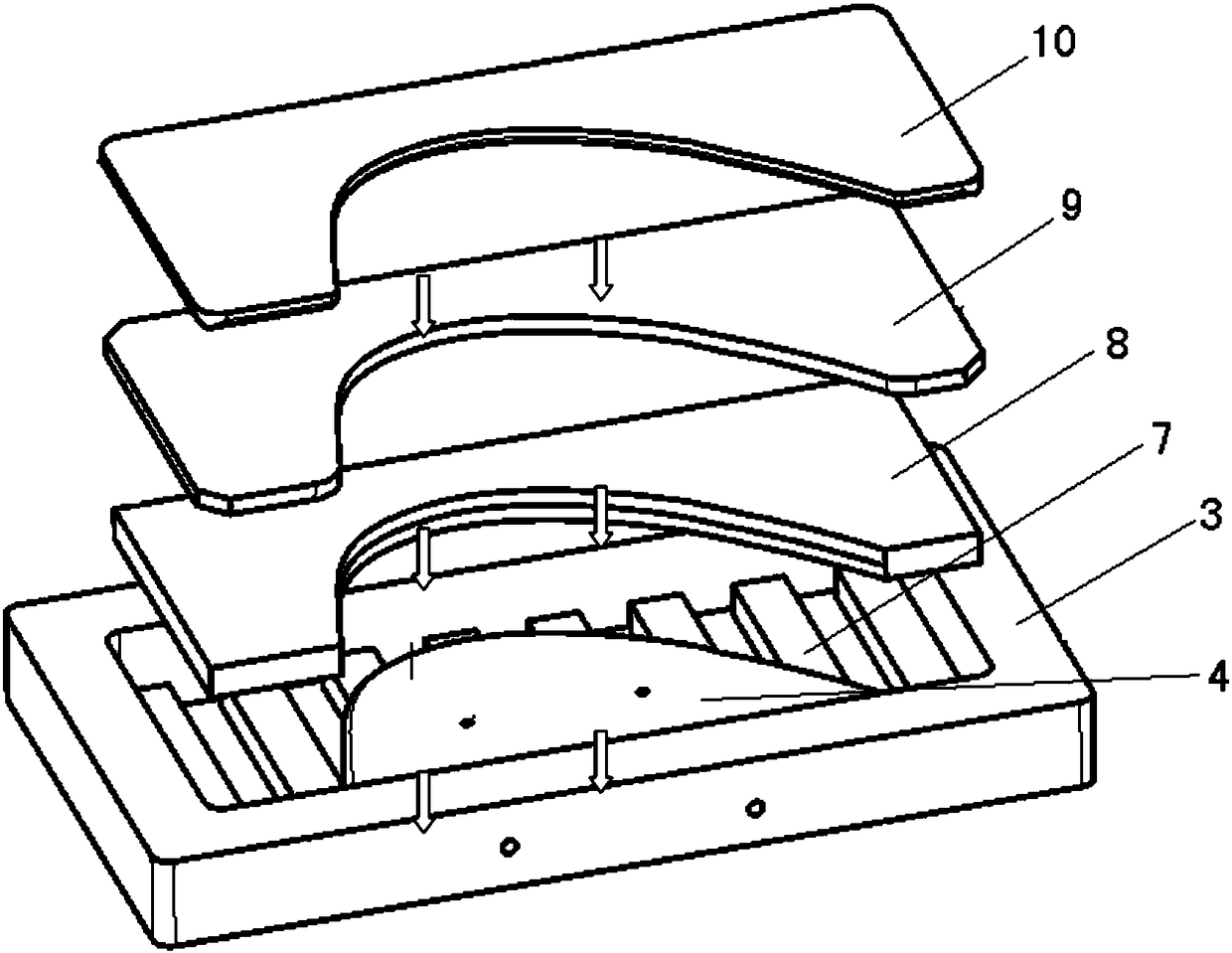 Rubber forming method and forming die for sheet metal parts with large curvature and high flanging