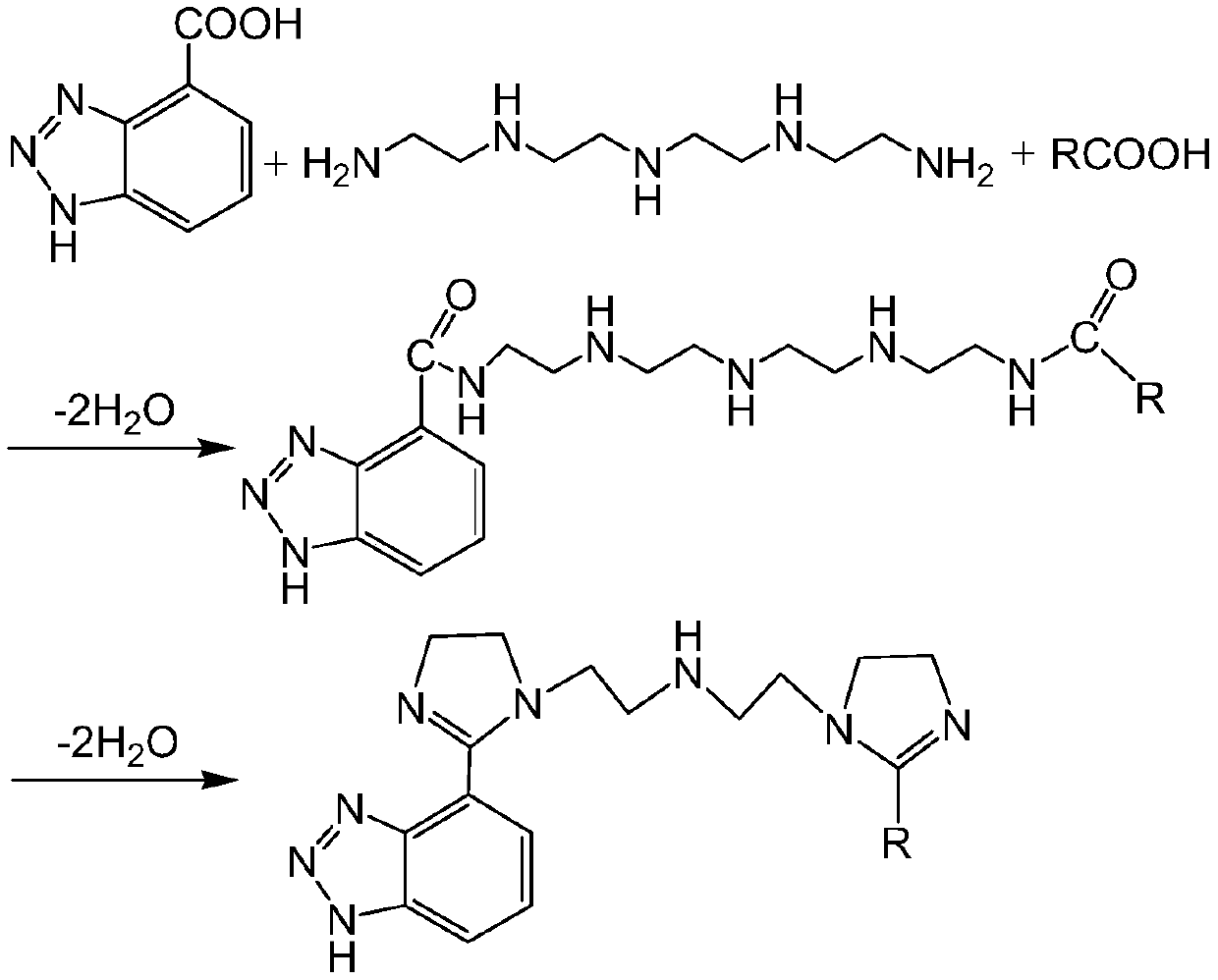 Diethyleneamine-(2-benzotriazole)-(2′-long carbon chain alkenyl) bis-imidazoline corrosion inhibitor and preparation method