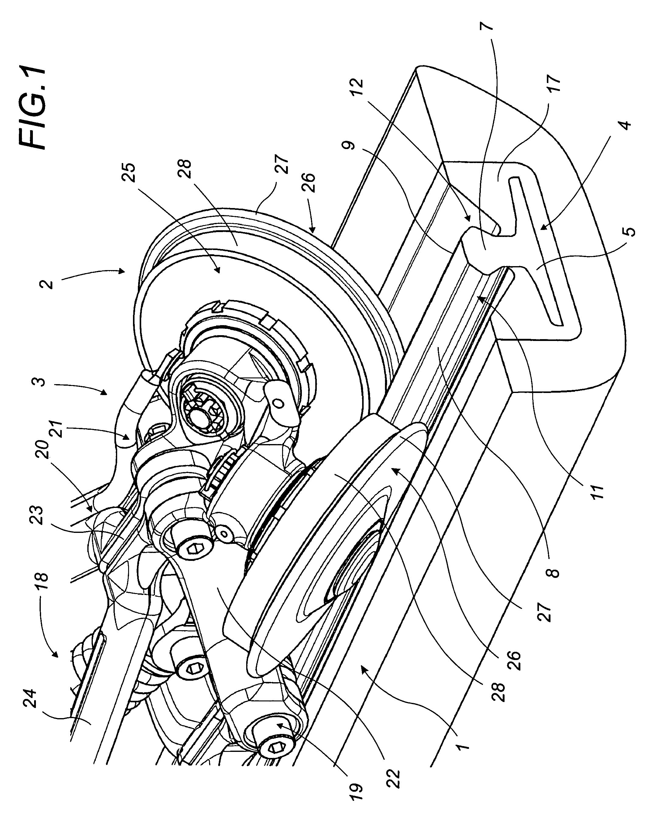 Guide assembly for guide rail comprising pair of angled guide wheels