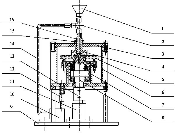 Continuous flow vertical plane type liquid phase shearing device